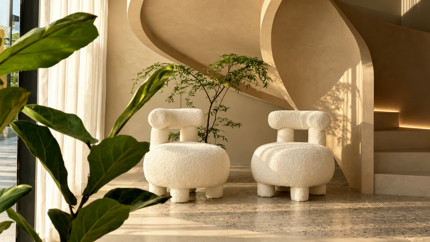Sculptural ivory lounge chairs, greenery, and a curved staircase at Prestige Wellness.